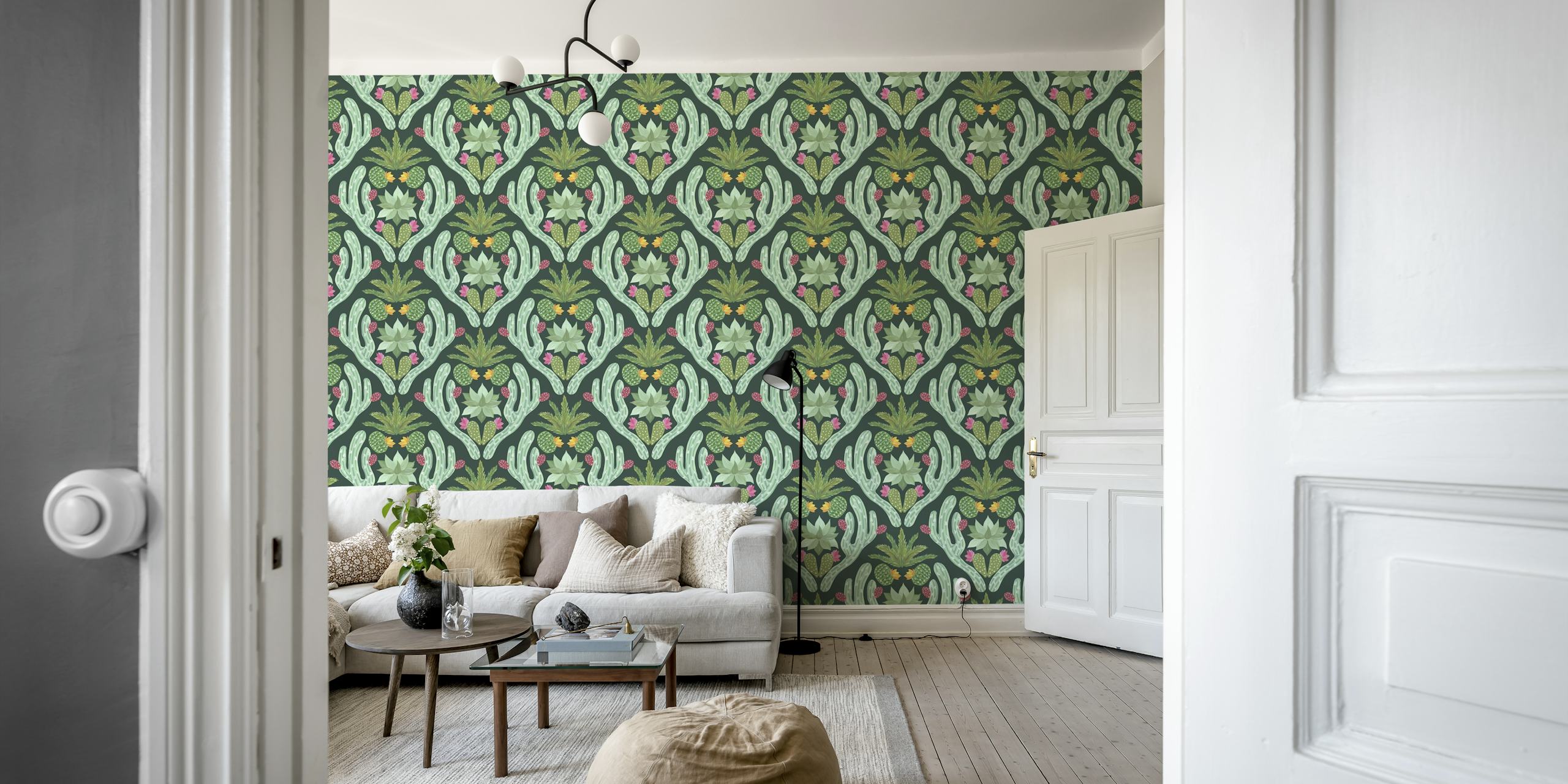 Cactus and floral patterned green wallpaper
