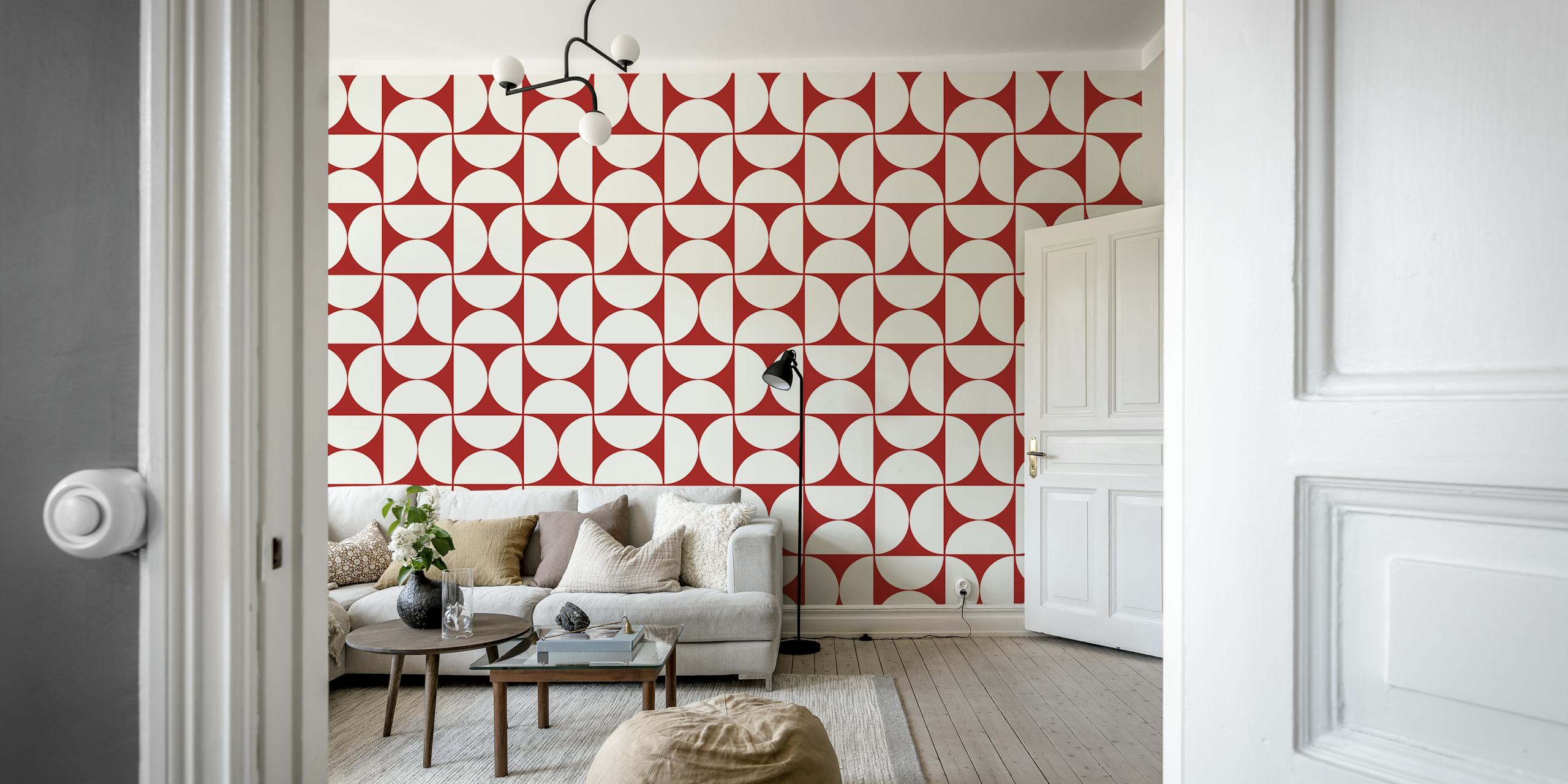 Mid-Century Modern geometric pattern wall mural in red and white colors