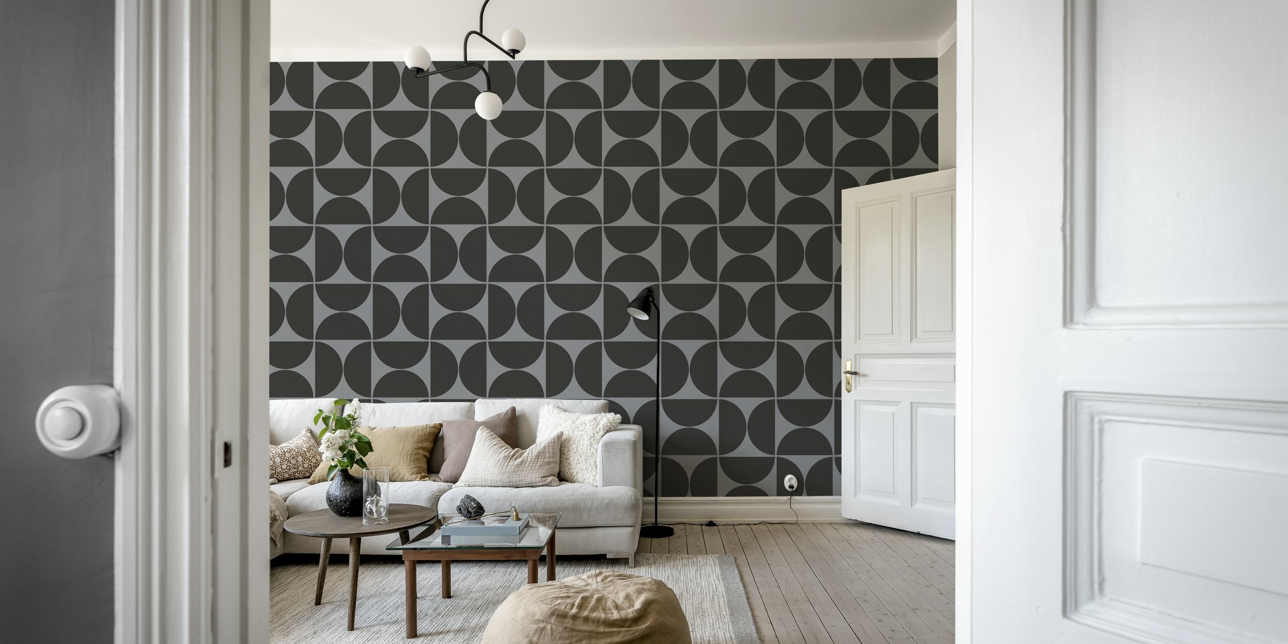 Abstract curved shapes in black and gray wallpaper
