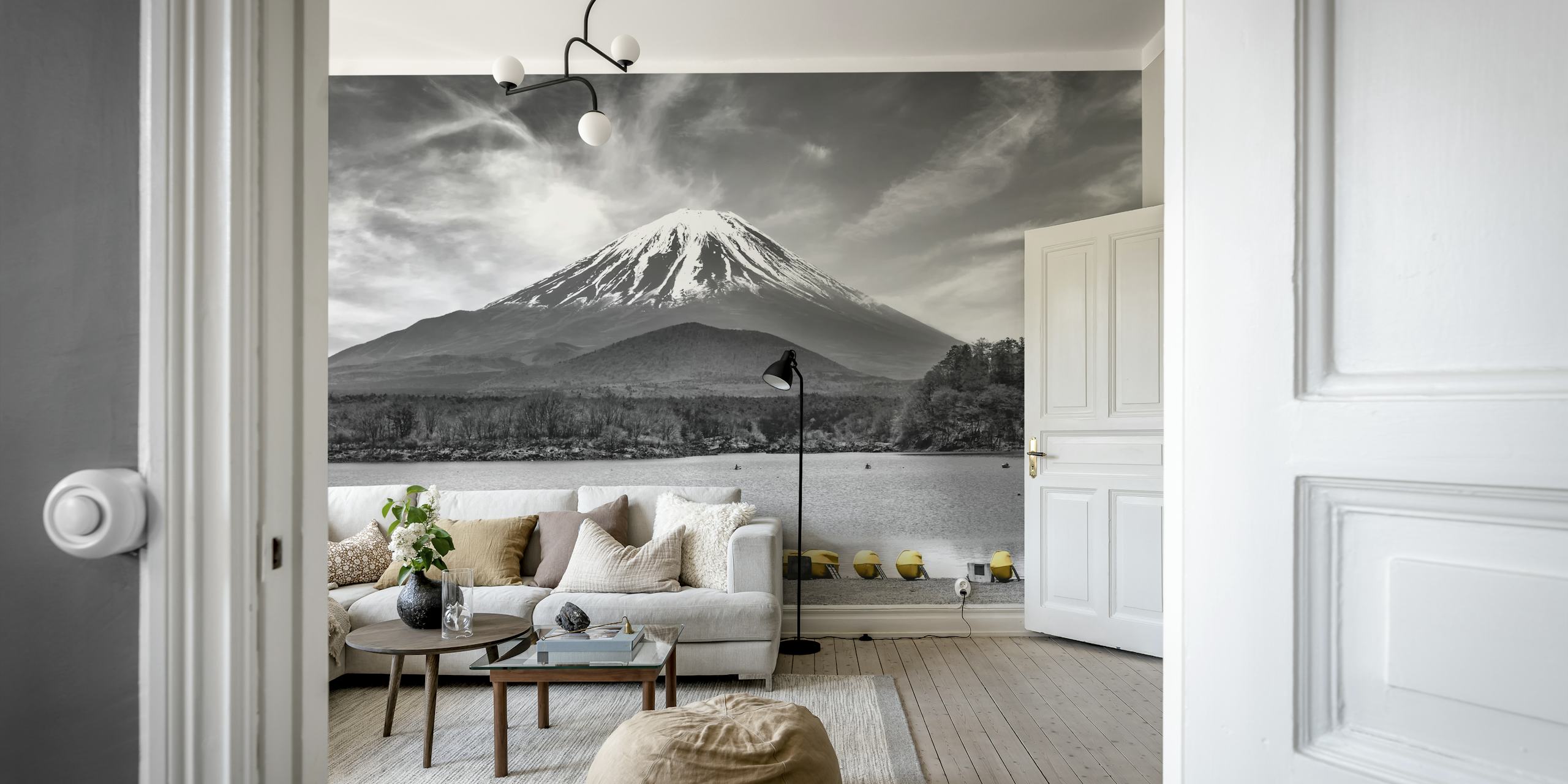 Black and white Mount Fuji scene with colorful yellow boats wallpaper