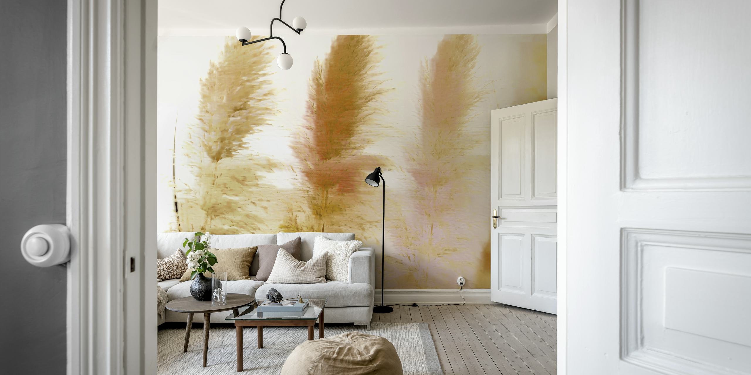 Pampas grass in soft shades of pink and beige wallpaper