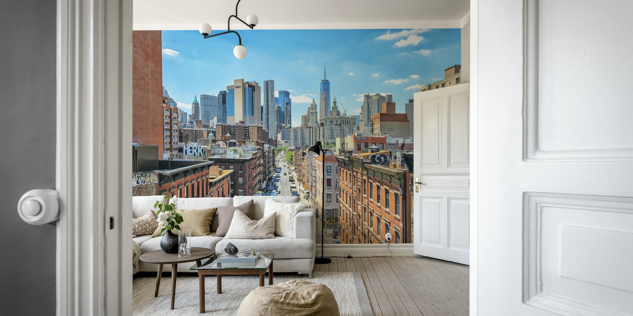 Chinatown NYC skyline with buildings and blue sky wallpaper