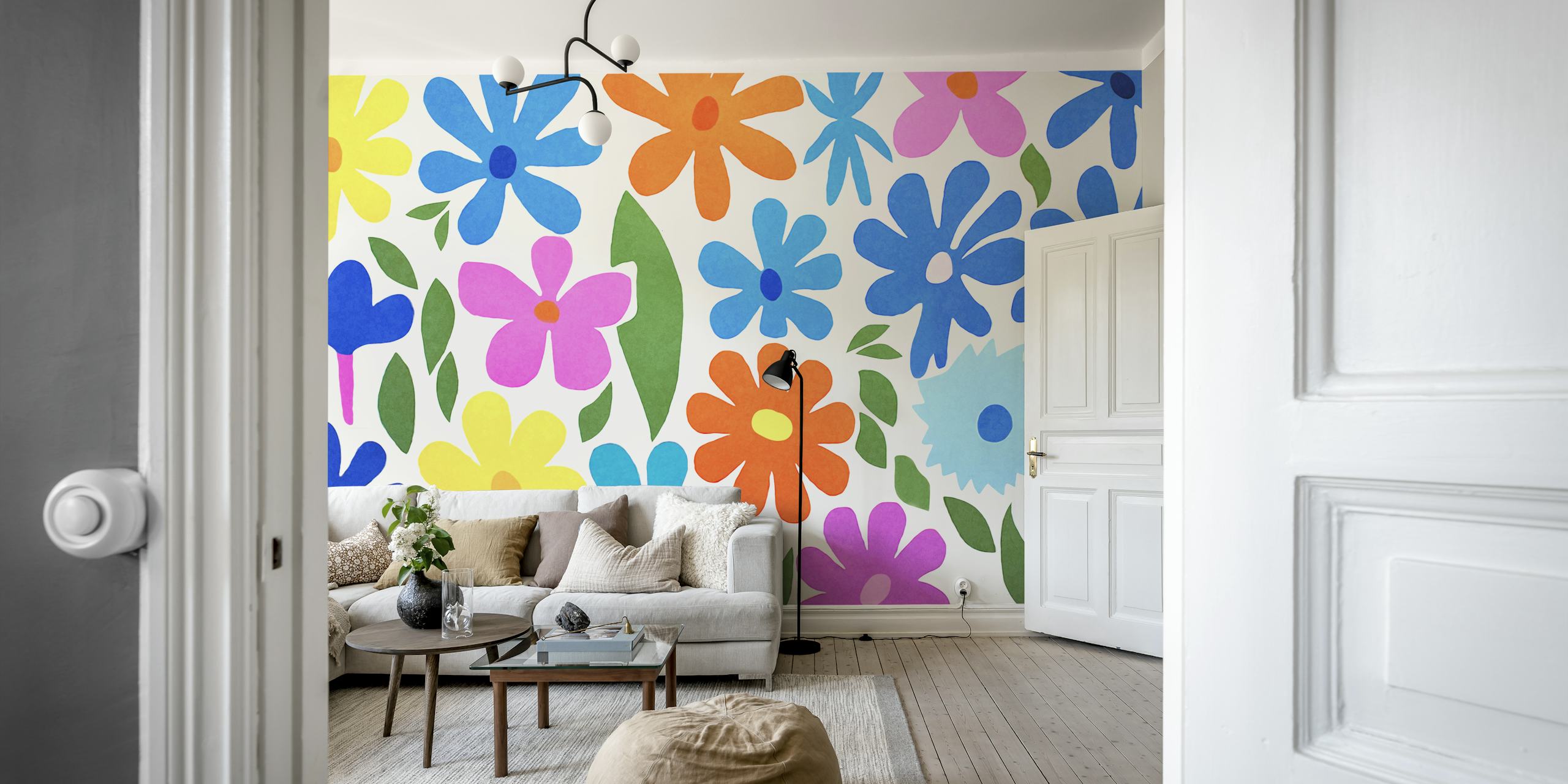Colorful flower garden wallpaper in a room