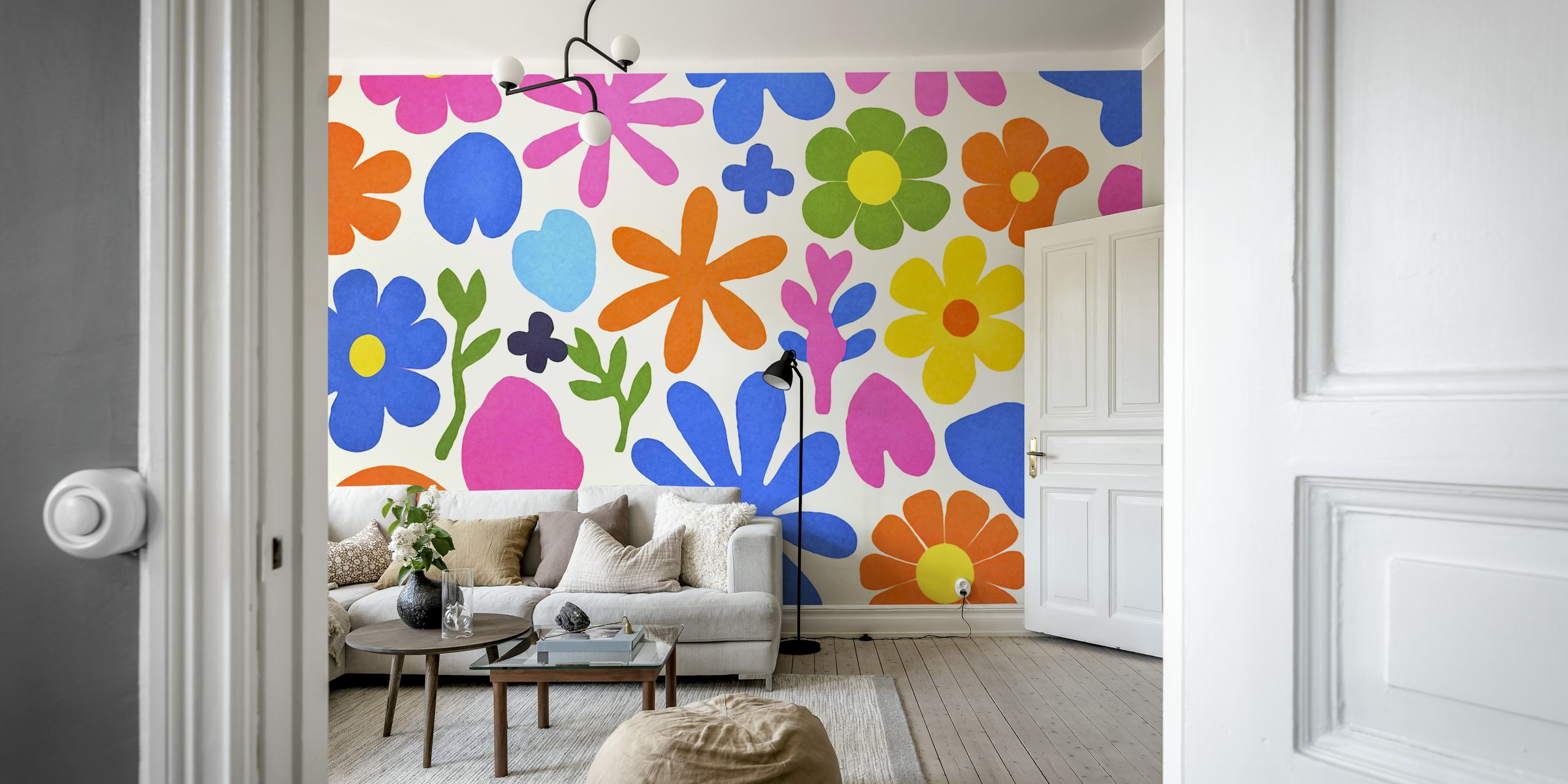 Colorful Retro Groovy Matisse Flowers wallpaper in a room