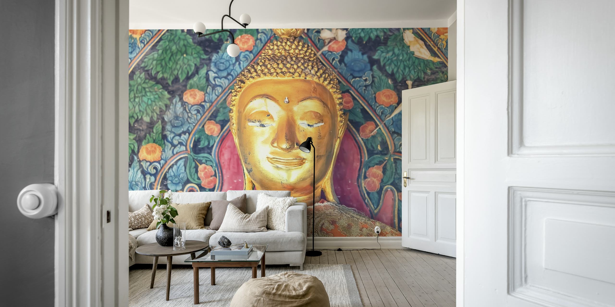 Golden Buddha mural with floral background in vivid colors wallpaper