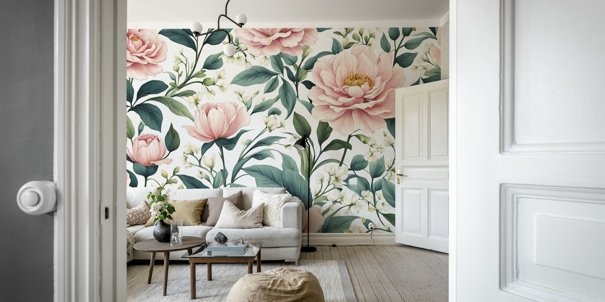 Pink floral arrangement wallpaper with leafy green accents