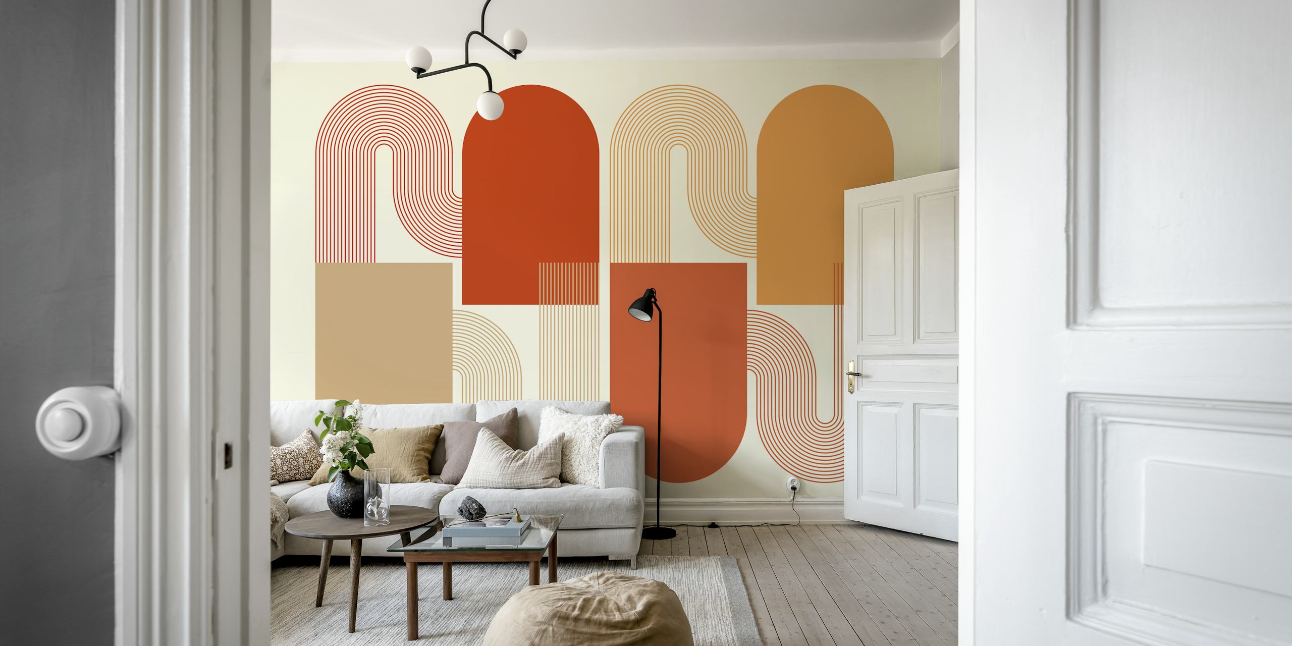 Geometric arches in warm tones of brown and orange wallpaper