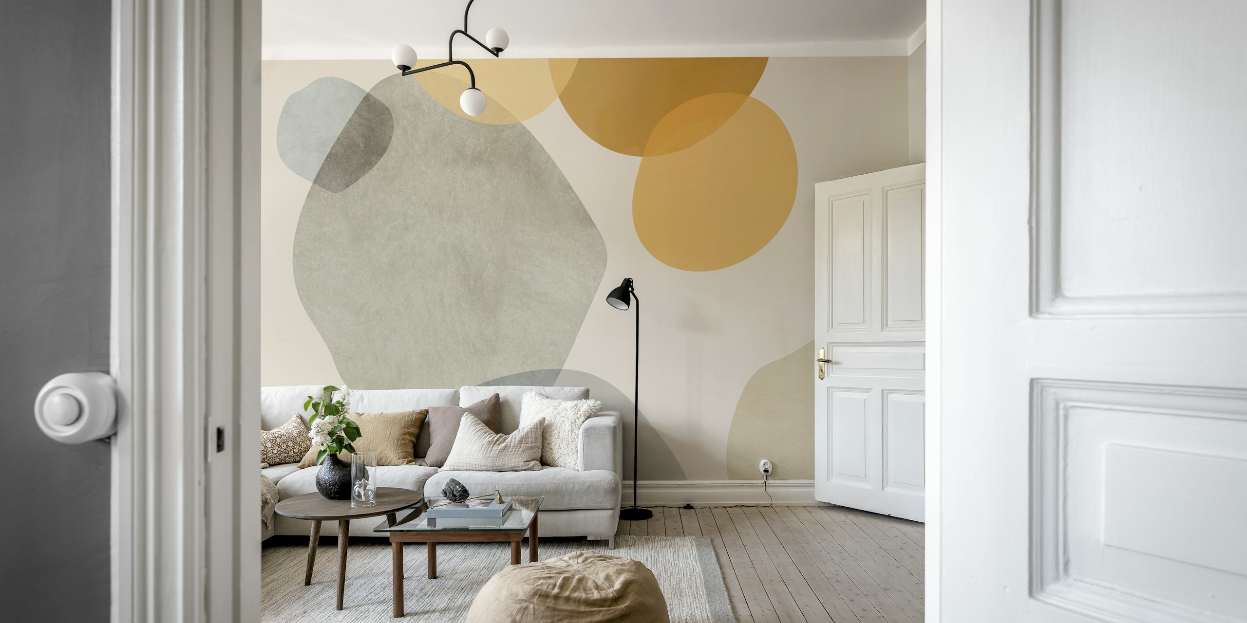 Muted curved shapes wallpaper in a room