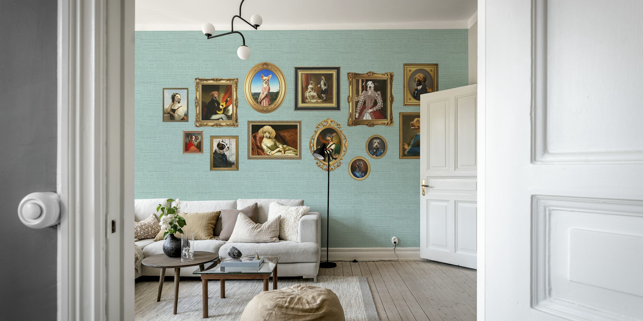 Dog Portraits Statement Wall på aqua blå vegg
