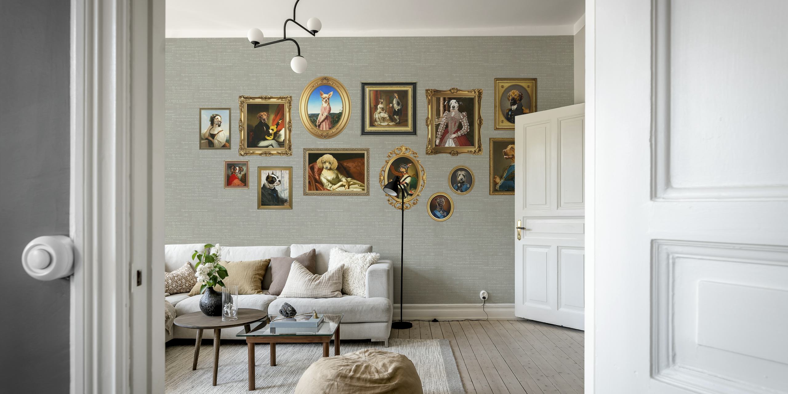 Collection of dog portraits in ornate frames on grey wallpaper