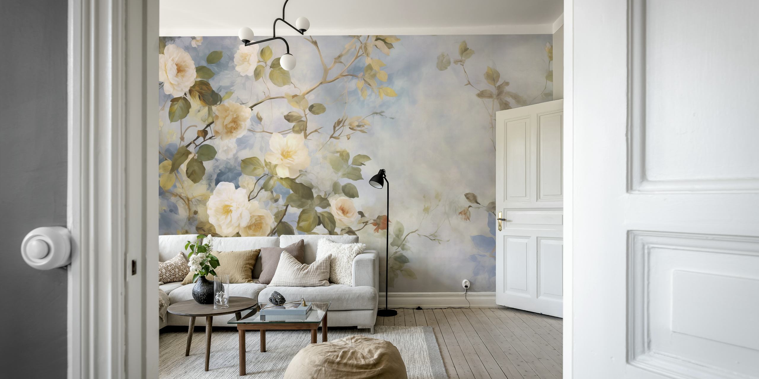 Witte rozen op een blauwe achtergrond wanddecoratie