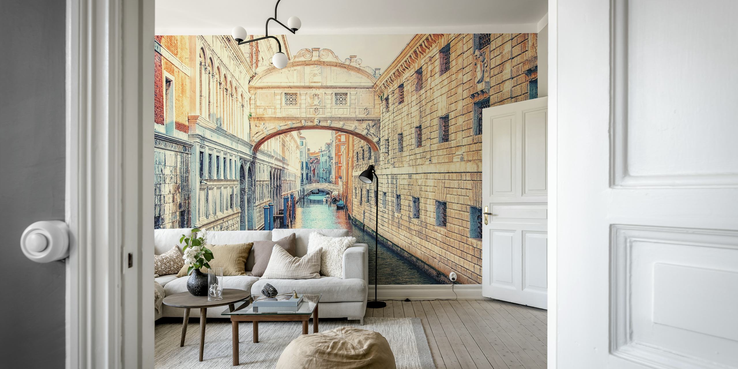 Venetian canal bridge with colorful buildings wallpaper