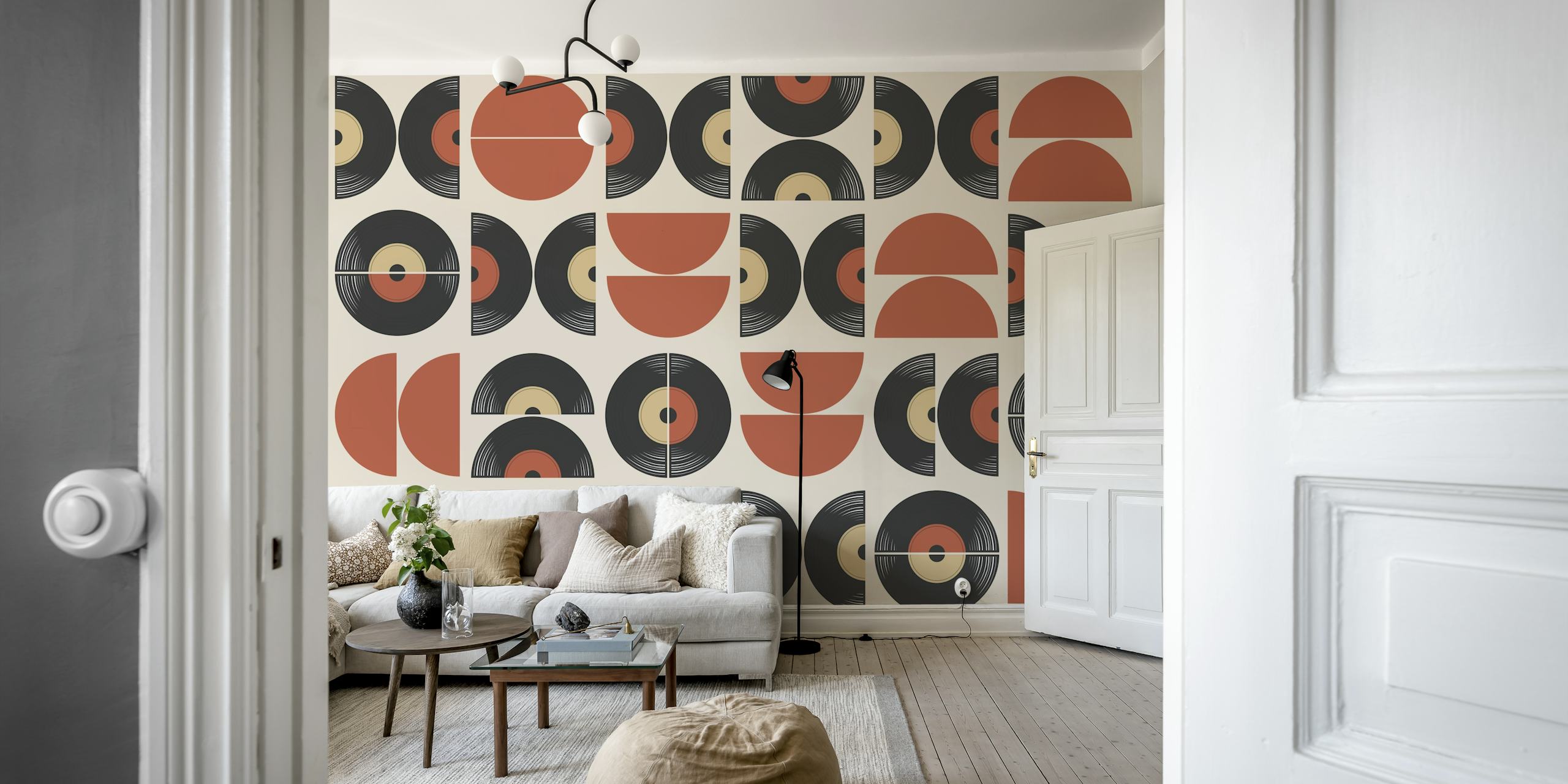 Geometric vinyl record pattern, black and tan, mid-century style wallpaper