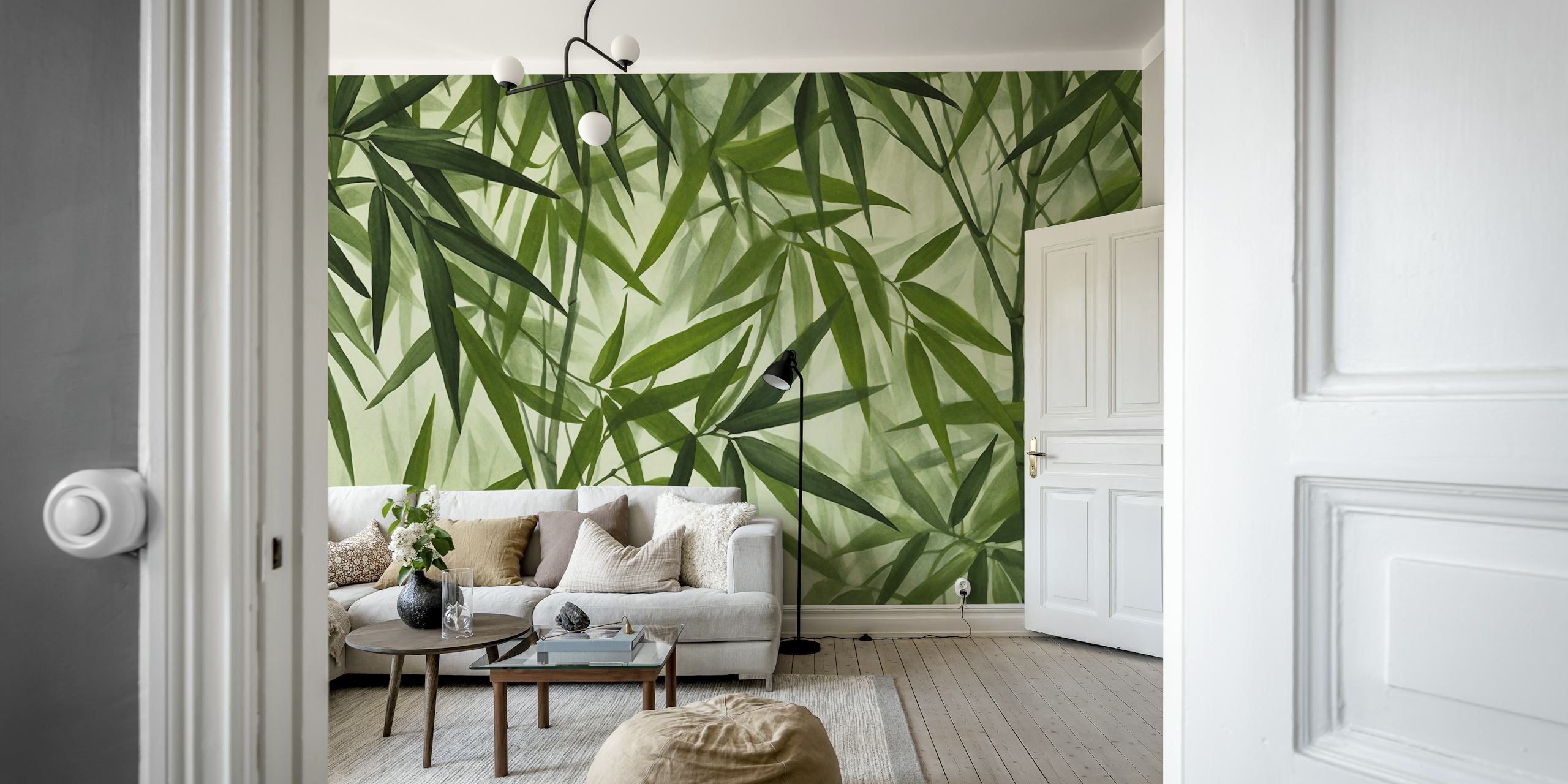 Bamboo leaves on a soft green background wallpaper