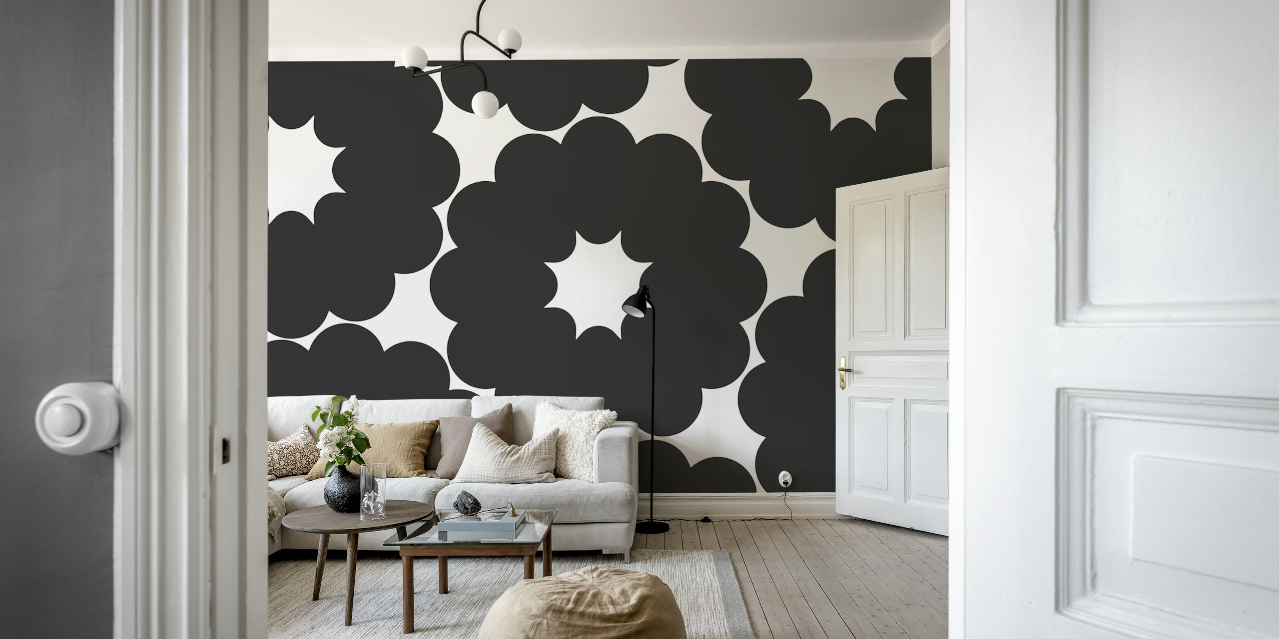 Monochrome Floral Burst wallpaper in a room