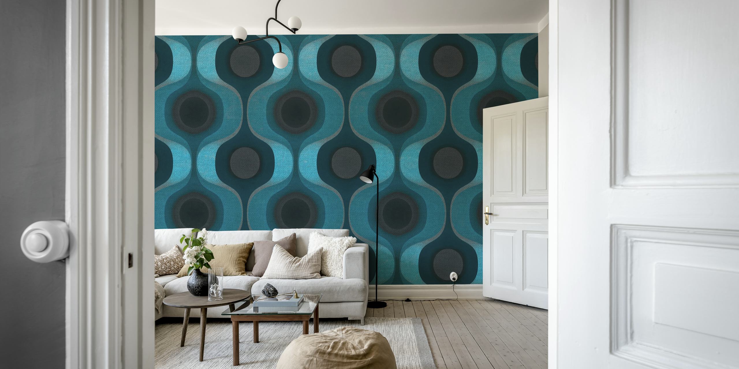 Design de papier peint Moody Aqua Retro Groove dans une pièce