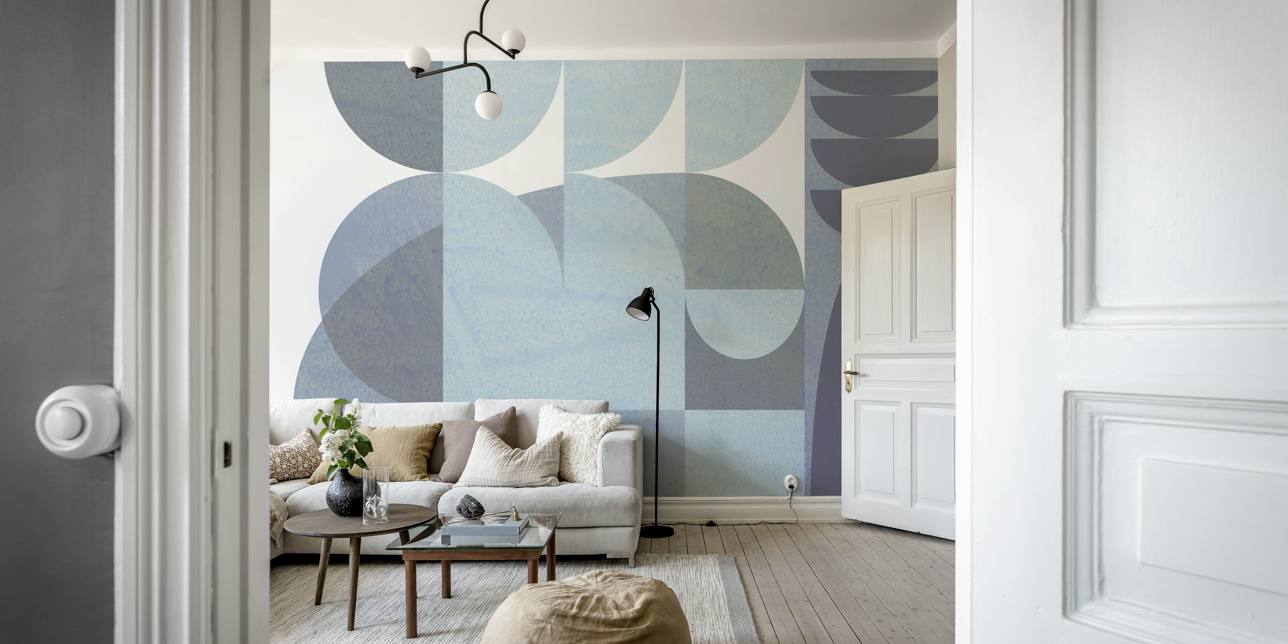 Blue geometric shapes in varying tones and textures wallpaper