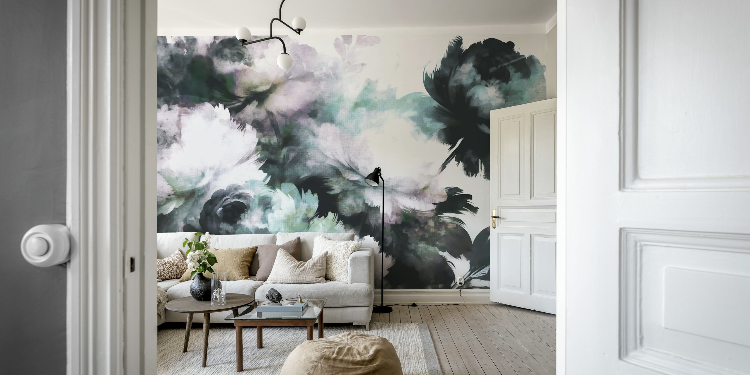 Monochrome Blossom Dreams wallpaper in a room