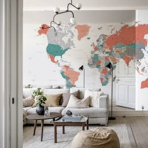 World Map Teal Coral Gray