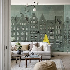 Graphic mural of Amsterdam houses