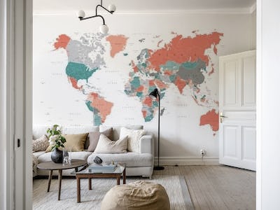World Map Teal Coral Gray