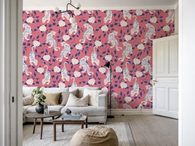 Chinese Tigers and Flowers in Coral Pink, White and Navy Blue