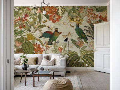 Exotic Vintage Parrots Jungle Landscape