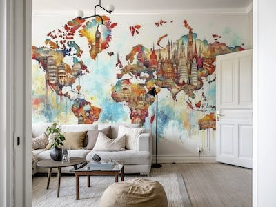 Watercolor World Map Landmarks