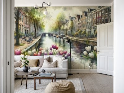 Watercolor Canal Scene Dutch Houses