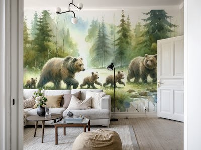 Watercolor Bear Family In The Forest