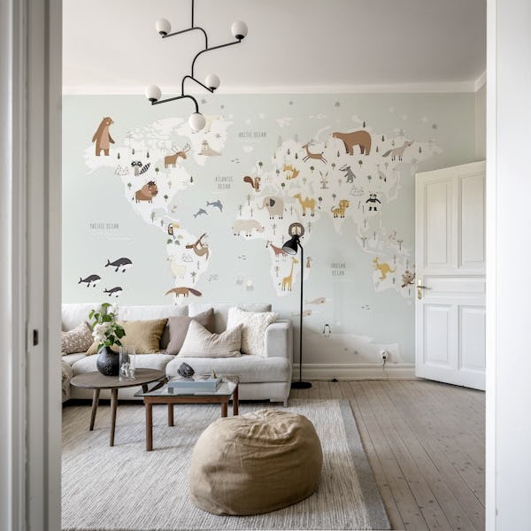 World map with animals mural