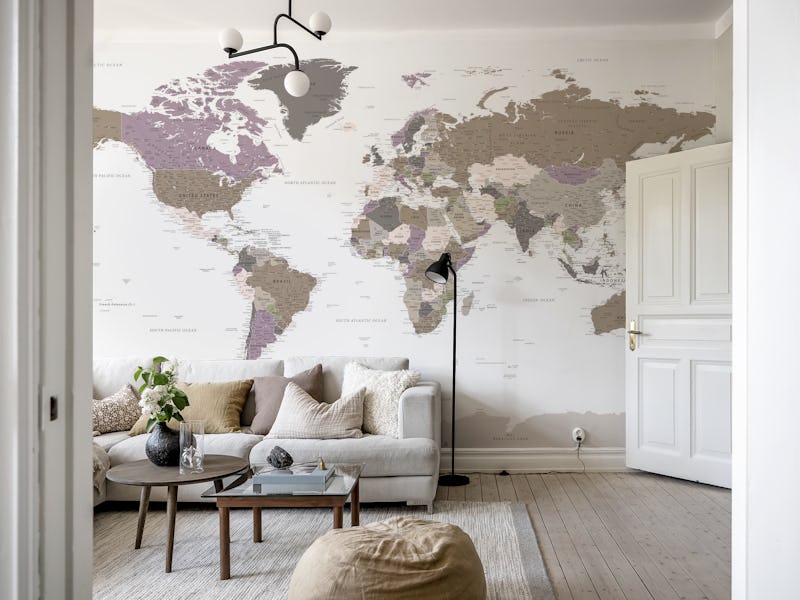 Detailed World Map Warm Neutrals