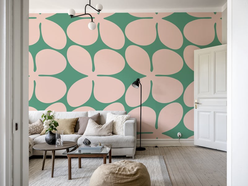 Pink on Green Retro Flower Pattern