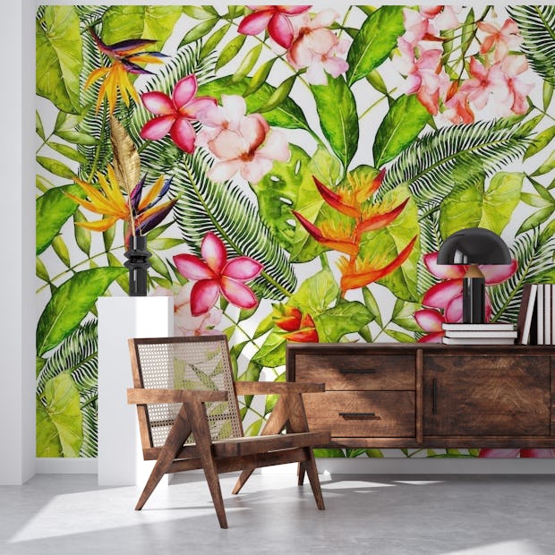 Plumeria y flores de la selva tropical papel pintado - Happywall