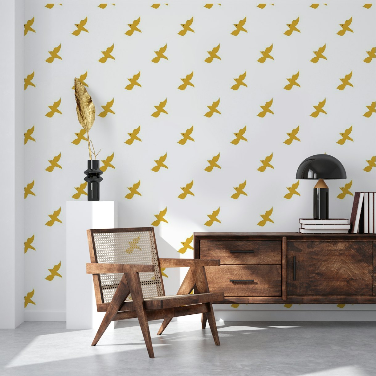 Mustard yellow bird pattern wallpaper