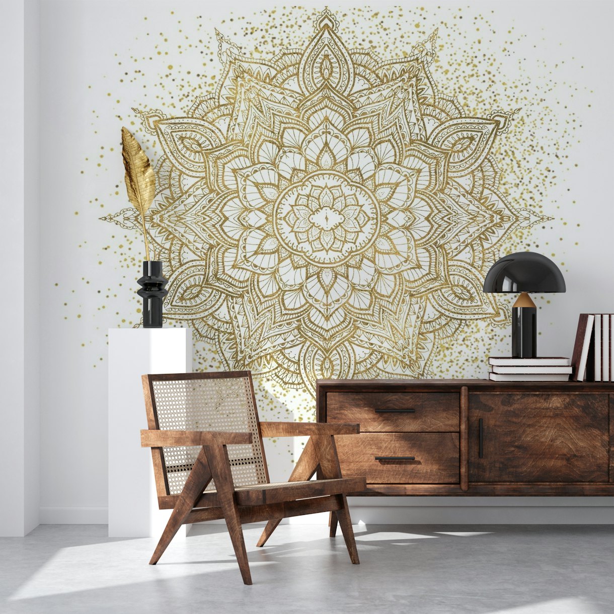 Golden sparkling mandala white wallpaper