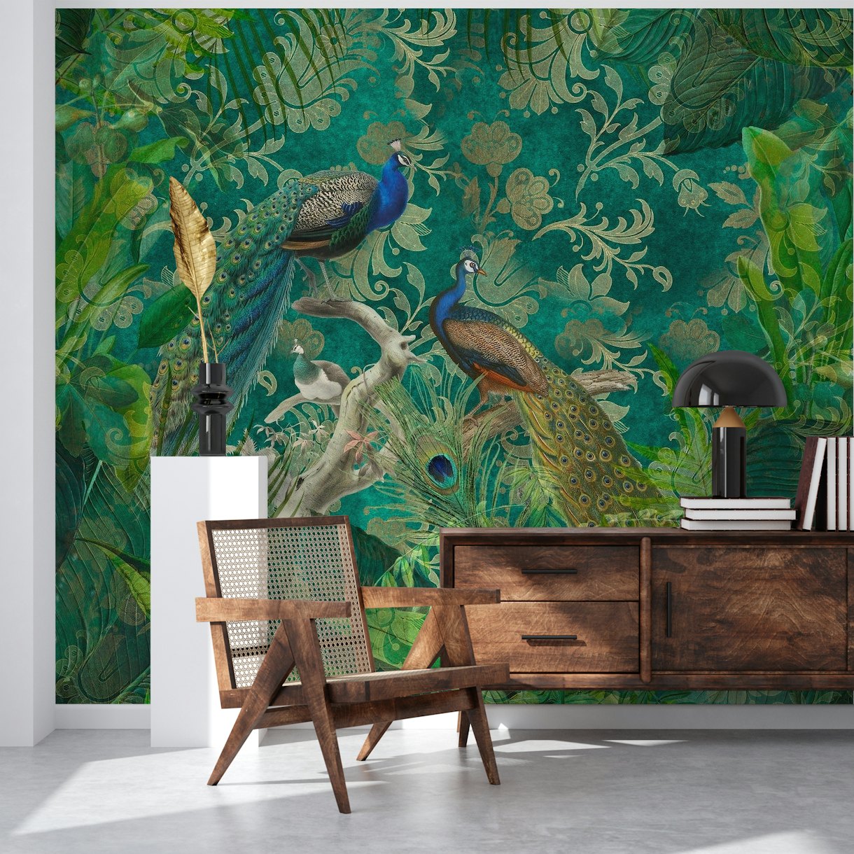 Tropical jungle wallpaper with peacocks and colorful foliage