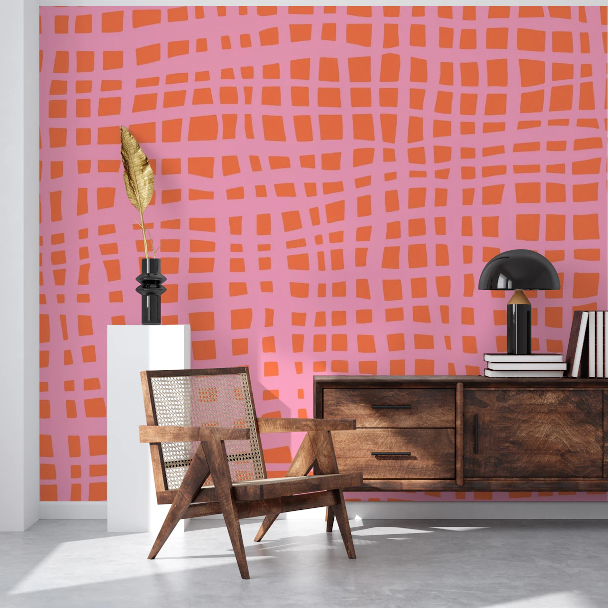 Retro grid pattern orange pink wallpaper - Free shipping | Happywall