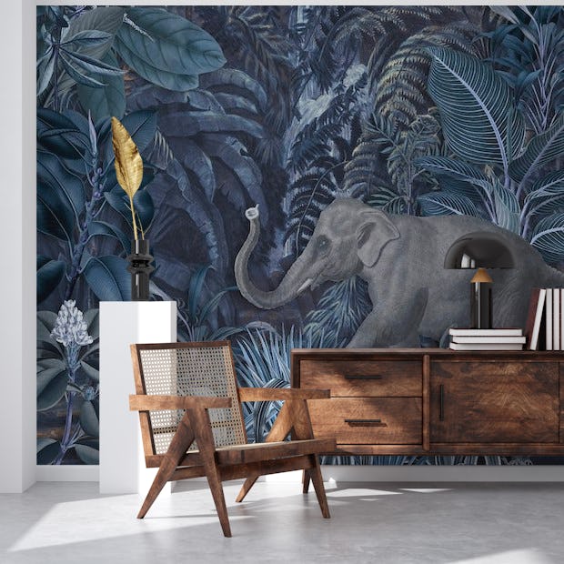 Midnight Blue Jungle Elephant wallpaper - Happywall