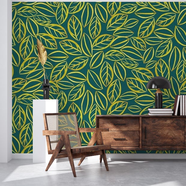 Gold leaves on green wallpaper - Happywall