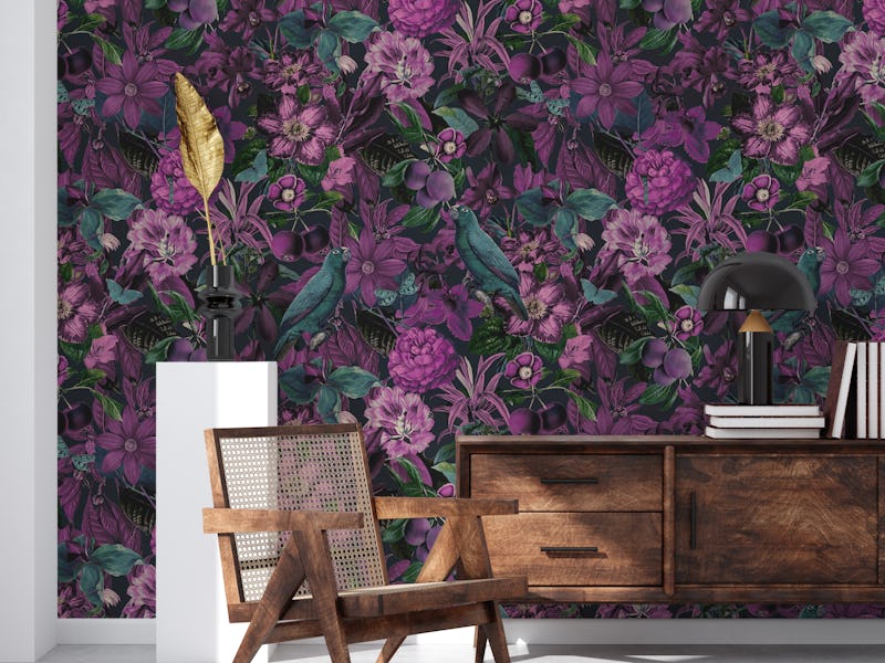 Moody Tropical Jungle Birds Paradise Purple And Teal