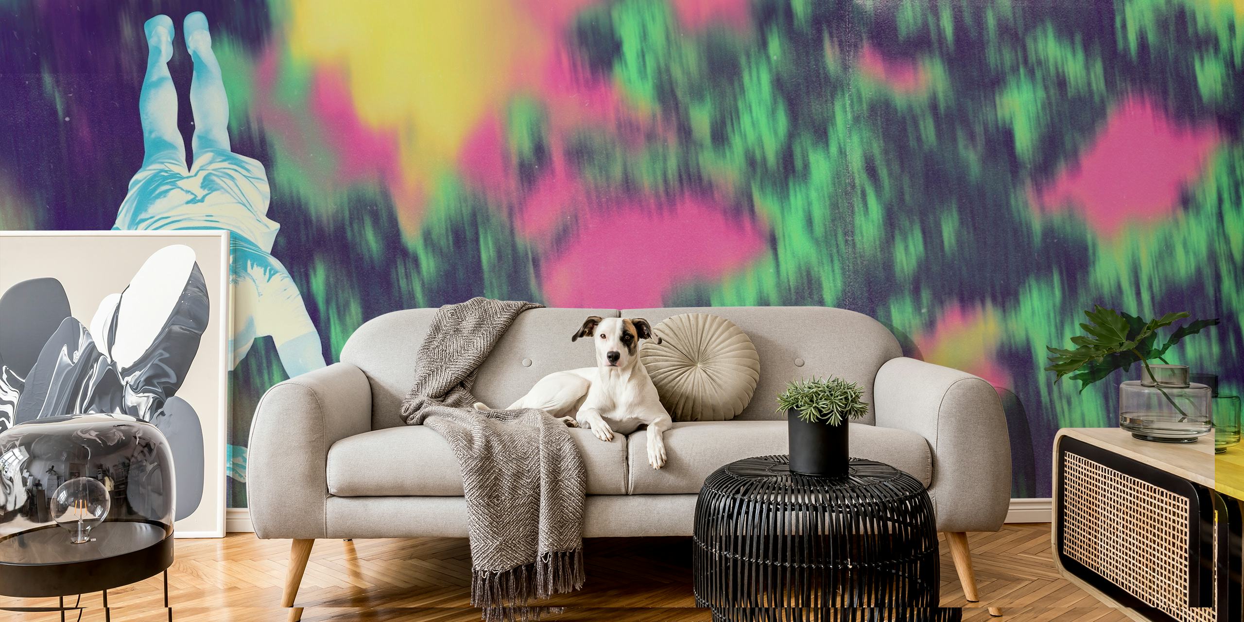 Abstract pop art grunge wall mural with bold pink and yellow splashes on happywall.com