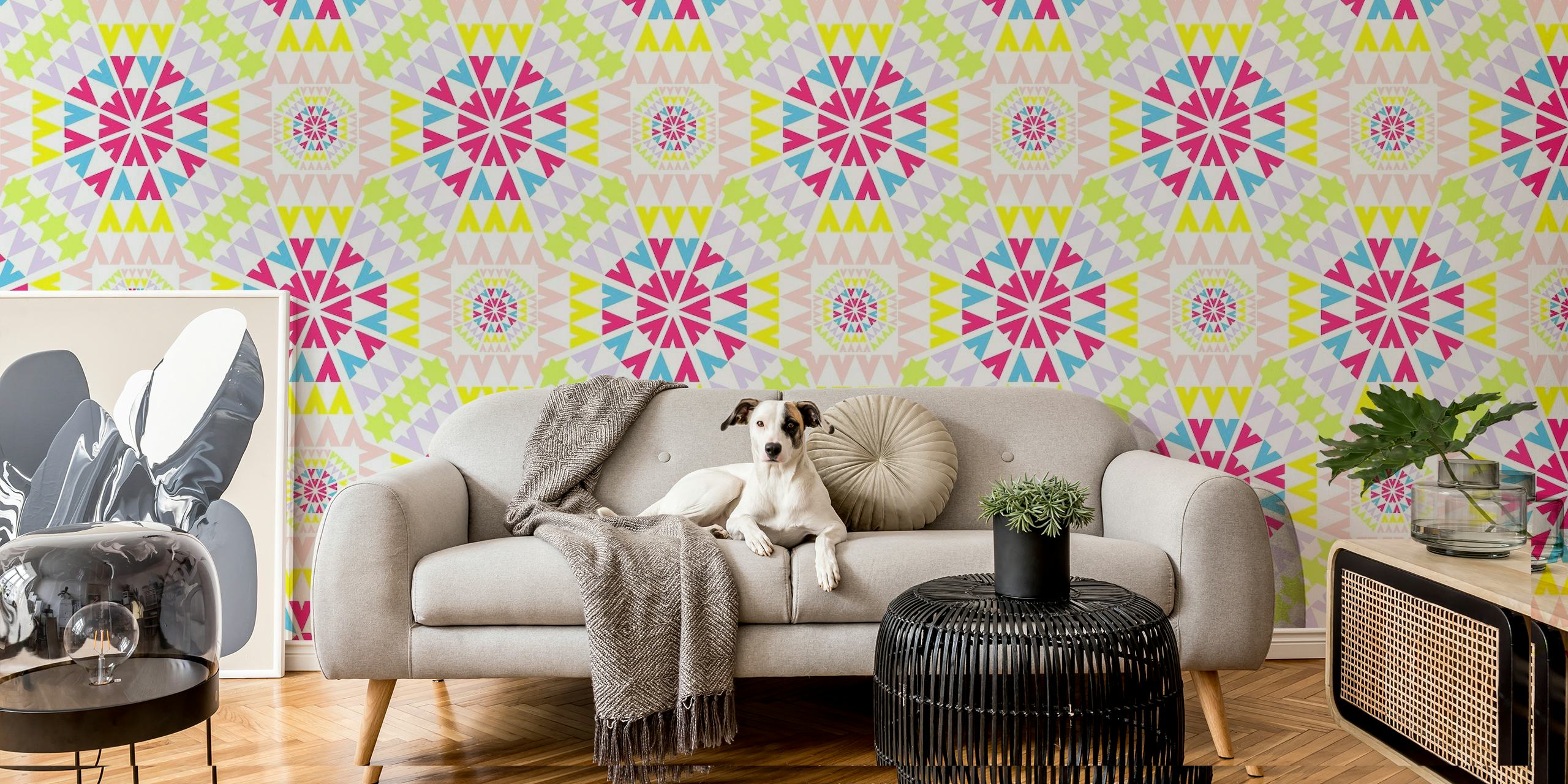 Colorful mosaic patterned 'Letter V' wall mural design from Happywall with pink, blue, and yellow motifs on cream background