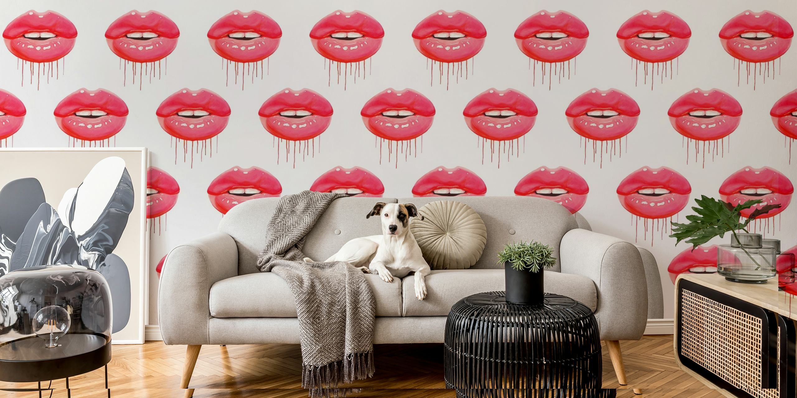 Red lips pattern wall mural with repetitive red lip prints on a white background