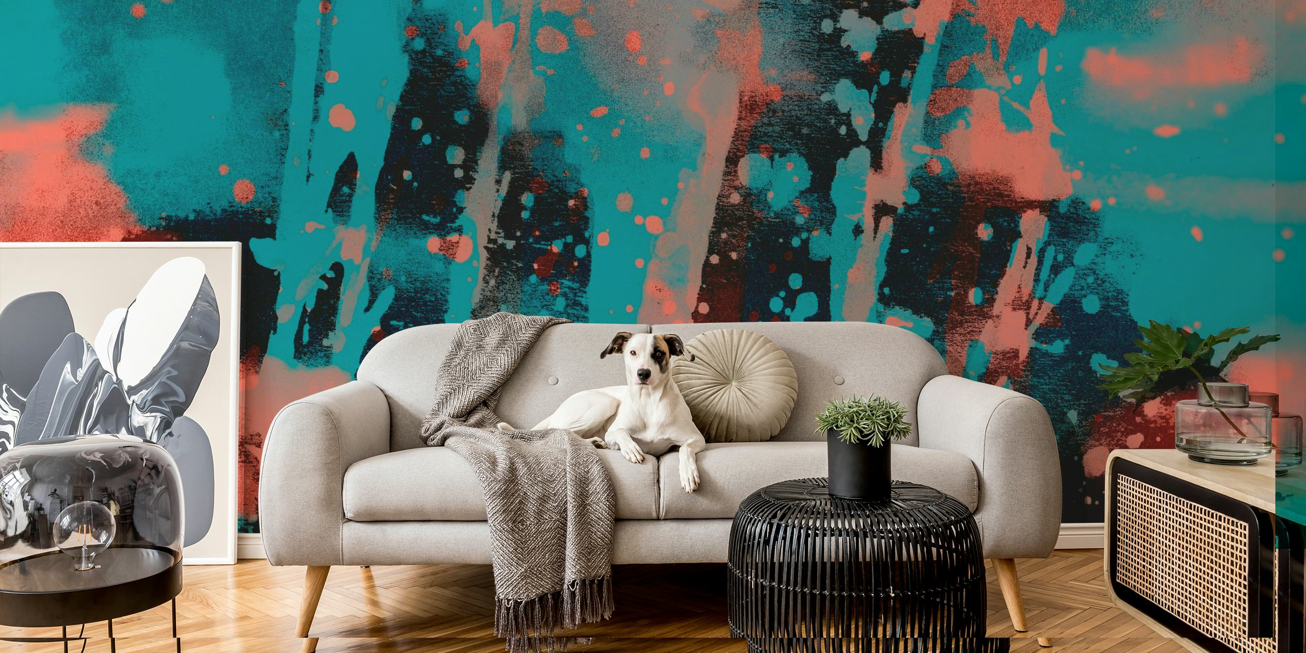 Abstract teal and neon coral splash wall mural design