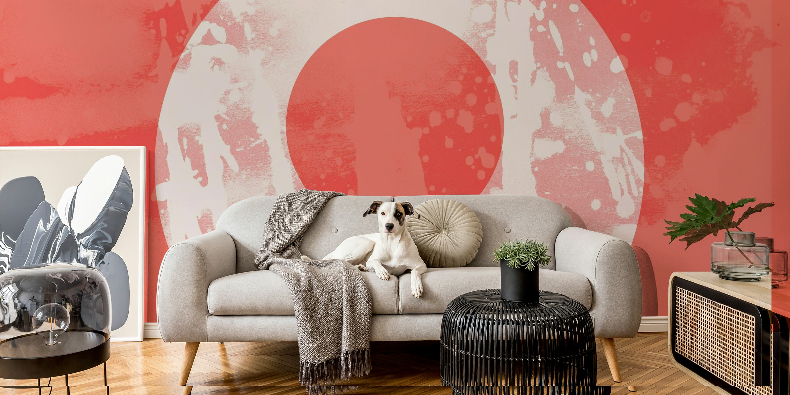 Röd och vit abstrakt skräppolka soluppgång grunge väggmålning