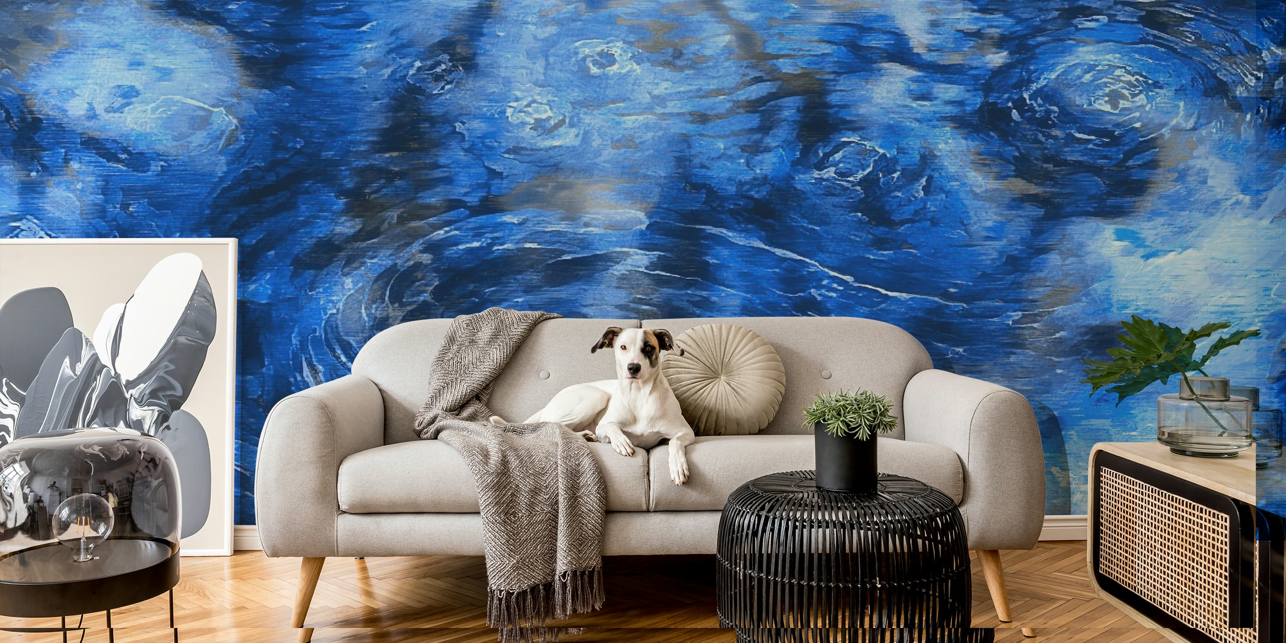 Mural de pared de estilo impresionista con nubes de Van Gogh y motivos arremolinados en azul y blanco