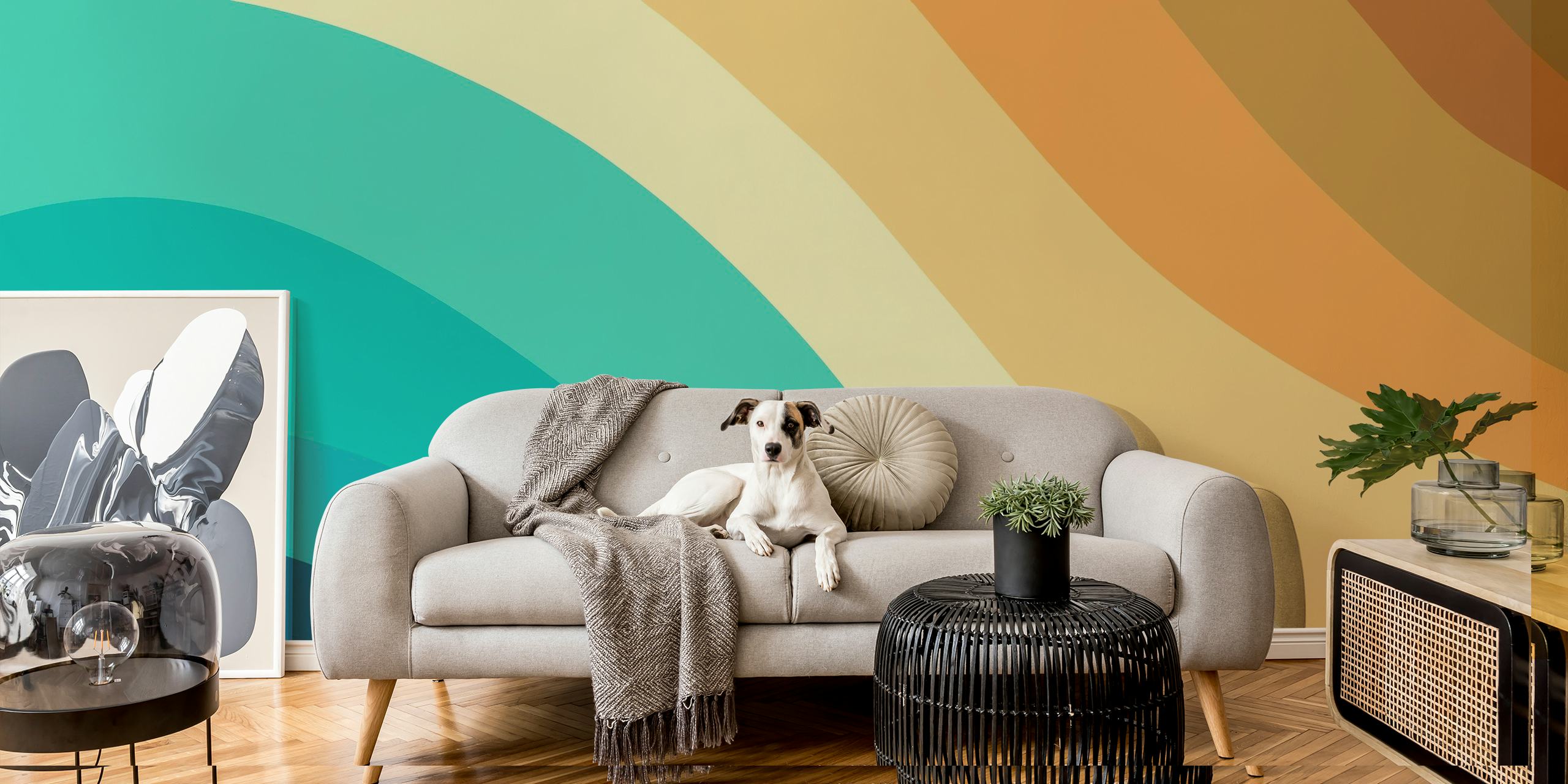Retro Summer Wave 2b wall mural with warm palette of orange, teal, and beige