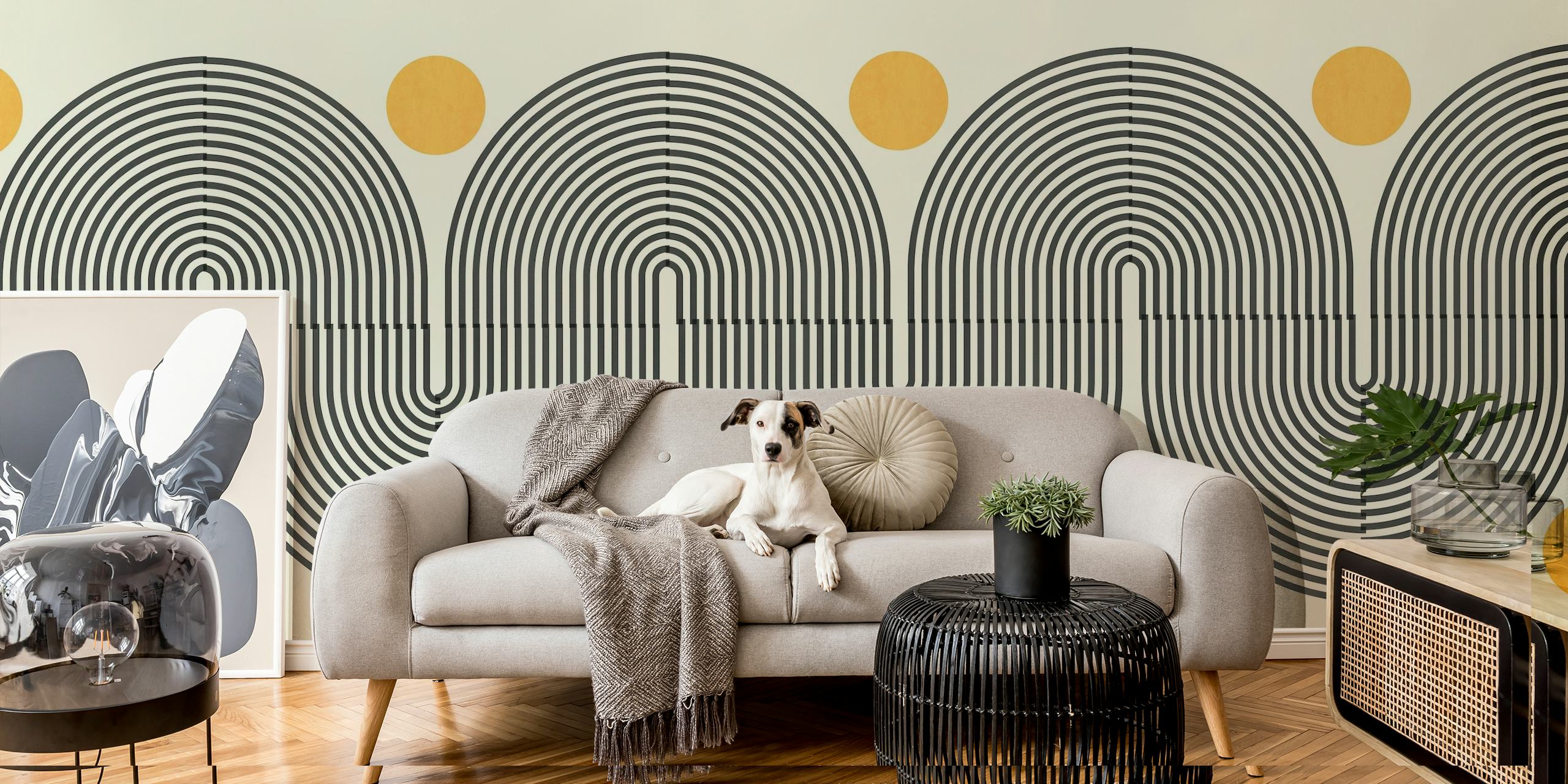 Abstract wall mural with semicircular lines and metallic circles pattern