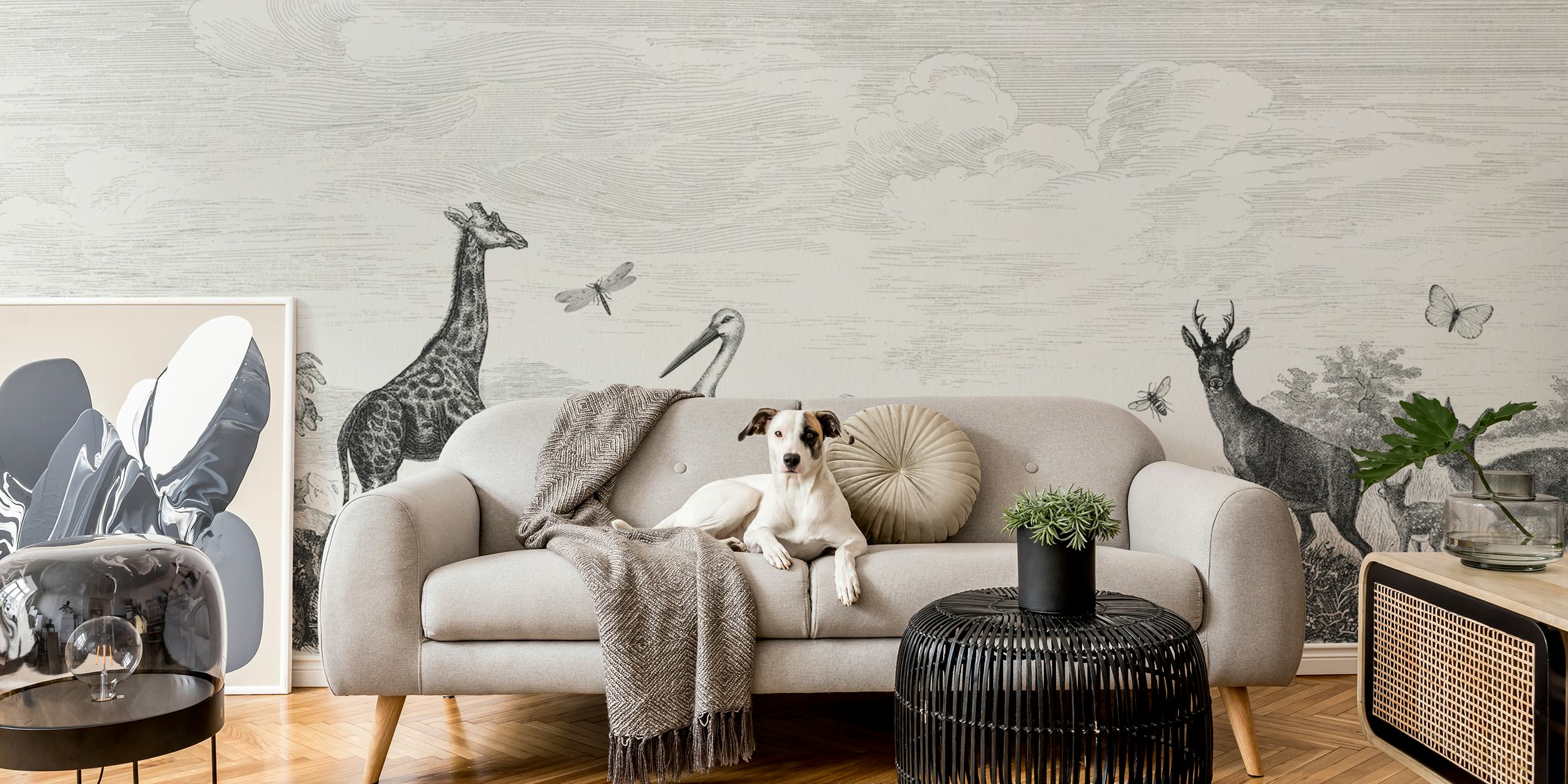 Tapeta Vintage animals vystavená v místnosti